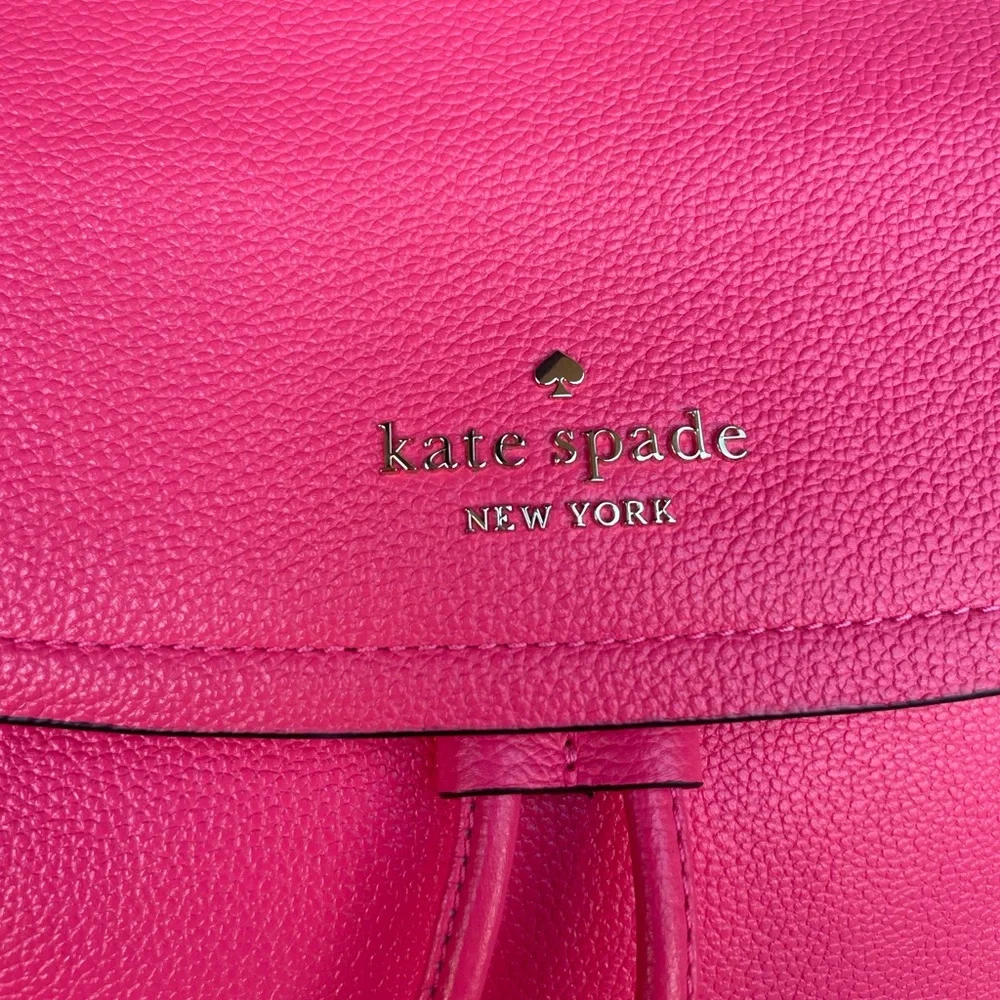 KATE SPADE Pink Leather Rosie Medium Flap Backpack w Keychain Pouch Stripe Strap